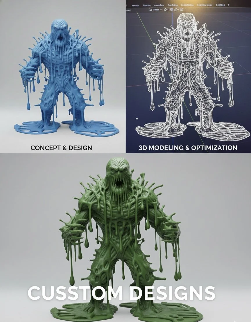 A three-part collage showing the process of creating a monster figure. The top left features a blue conceptual sculpture of a grotesque, melting monster. The top right shows a wireframe 3D model of the monster on a computer screen. The bottom displays a fully rendered green version of the creature with the text 'CUSTOM DESIGNS' over it.