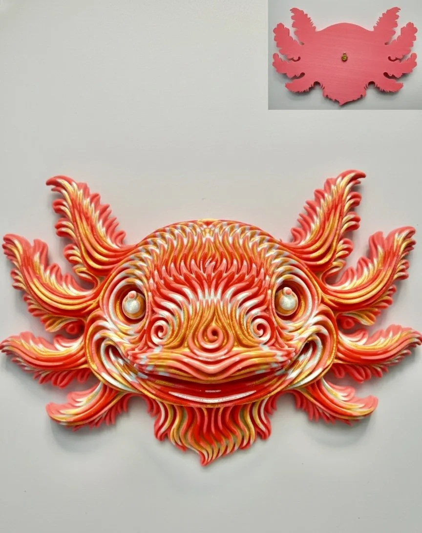 The Voodoo Axolotl: Dimensional Chroma-Swirl Relief Wall Art (Pink/Gold Edition)