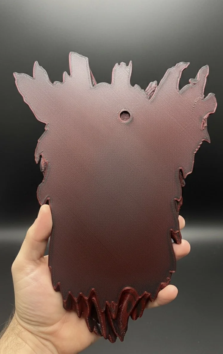 Flush-mount 3D printed wall sculpture with integrated peg hole for easy hanging.