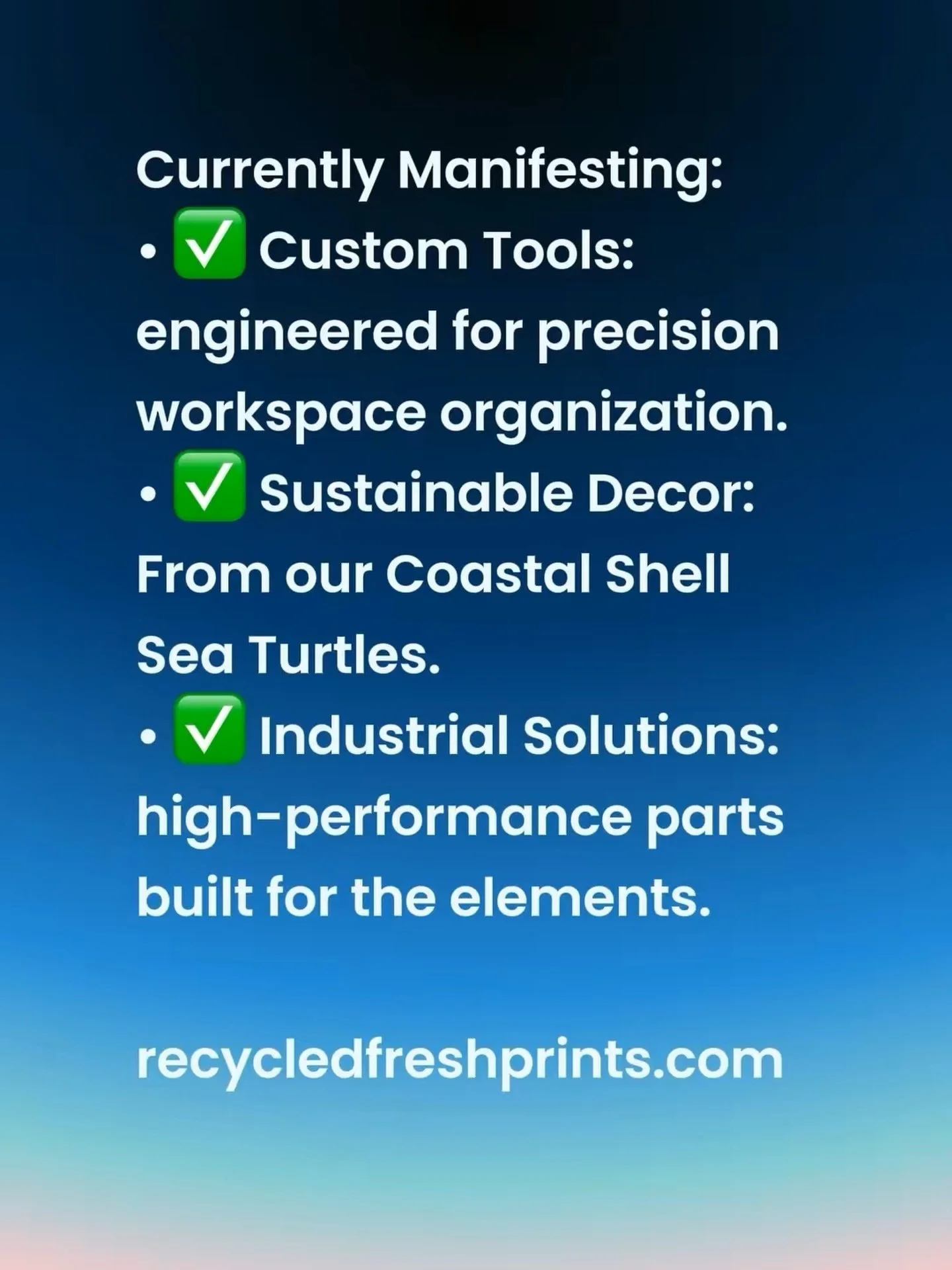 Currently Manifesting:
&bull; ✅ Custom Tools: Like our specialized Quilted Ruler Stands engineered for precision workspace organization.
&bull; ✅ Sustainable Decor: From our Coastal Shell Sea Turtles to high-fidelity Dragon Wardens.
&bull; ✅ Industri