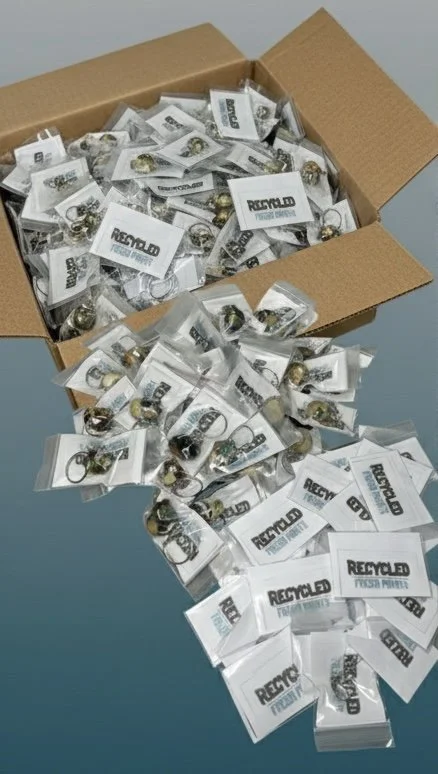 A cardboard box filled with small plastic bags containing recycled fishing lures, some of which have spilled out.