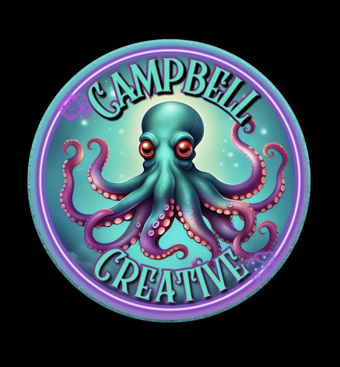 A colorful circular logo featuring an illustrated octopus with large red eyes. The background has a glowing teal and purple aura with bubbles. The text 'CAMPBELL'S CREATIVE' is curved around the octopus in stylized teal and purple letters.