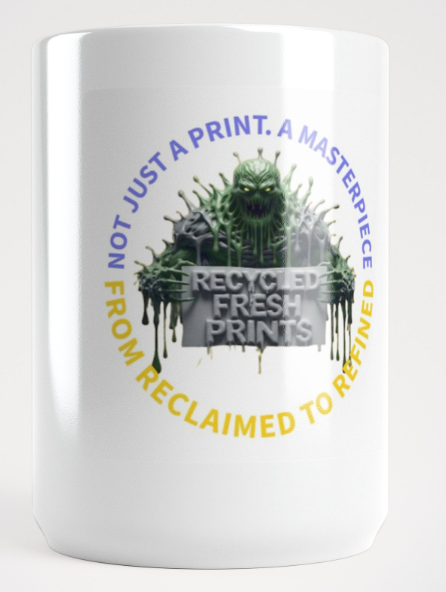 A white mug with a graphic of a green monster with tentacle-like arms and a sinister face. Surrounding the graphic is text that says 'NOT JUST A PRINT. A MASTERPIECE FROM RECLAIMED TO REFINED' and 'RECYCLED FRESH PRINTS' in the center.