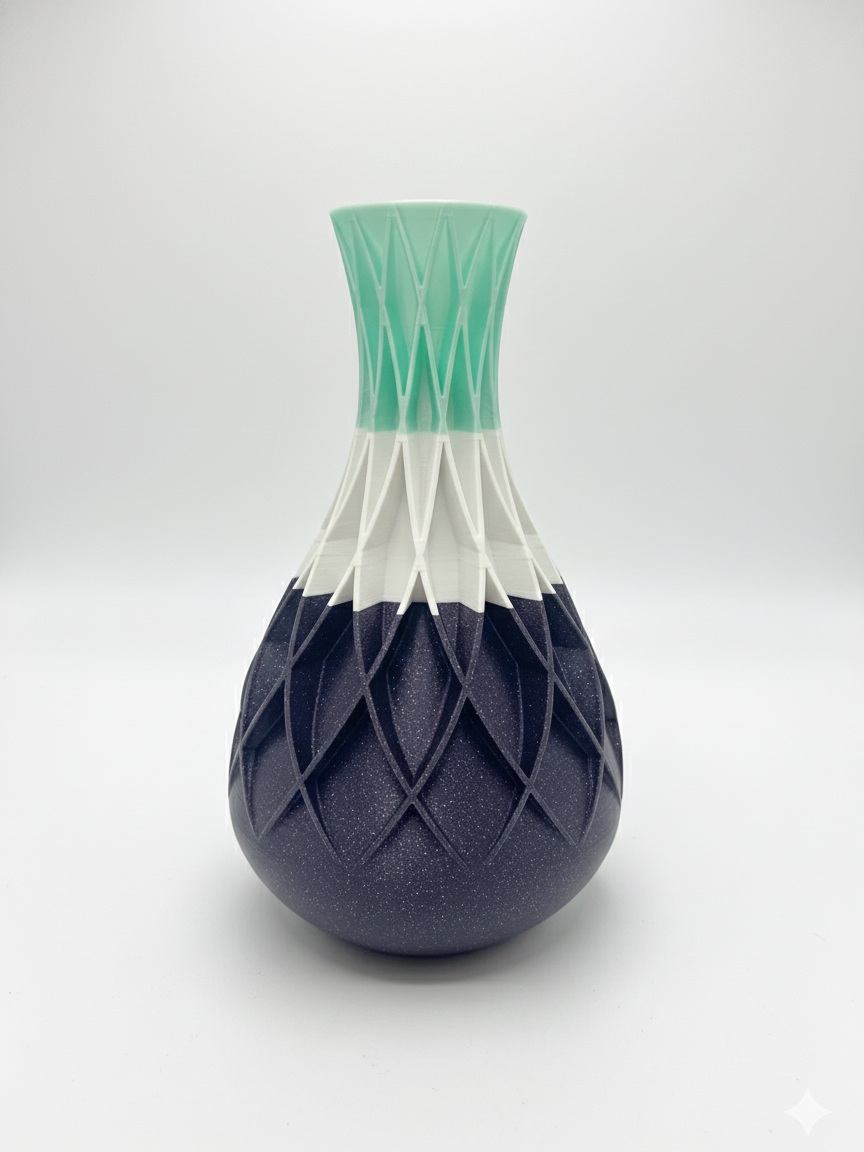 Triple-colored 3D printed geometric vase in Galaxy Purple and Iced Cyan Silk from the Recovery Series Artisan Choice.