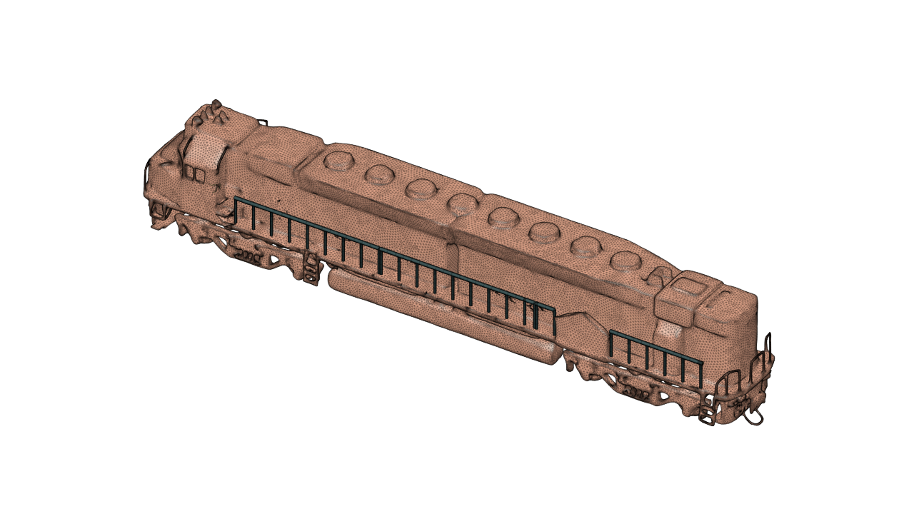 3D model of a brown train locomotive with black railings.
