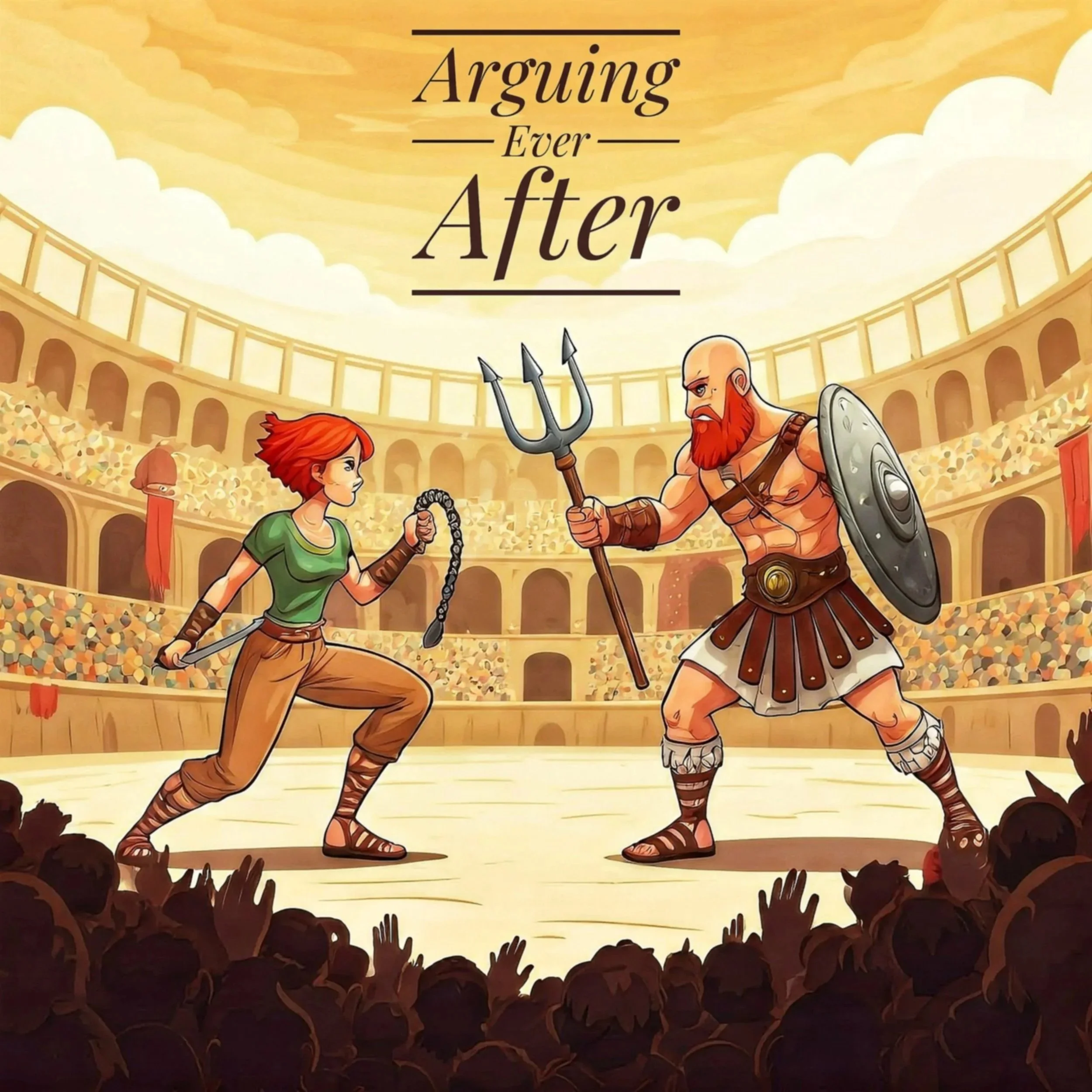 An animated scene of a woman with red hair and a shirt fighting a large man with a red beard, a shield, and a trident in a Roman-style arena, with the text "Arguing Ever After" at the top.