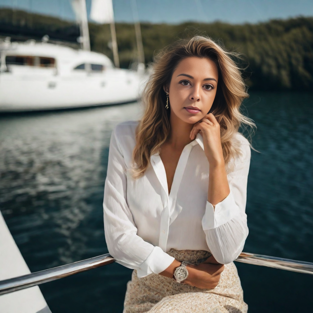 A woman with blonde hair and light makeup, wearing a white blouse and patterned beige skirt, sitting on a boat with a large yacht and green landscape in the background.