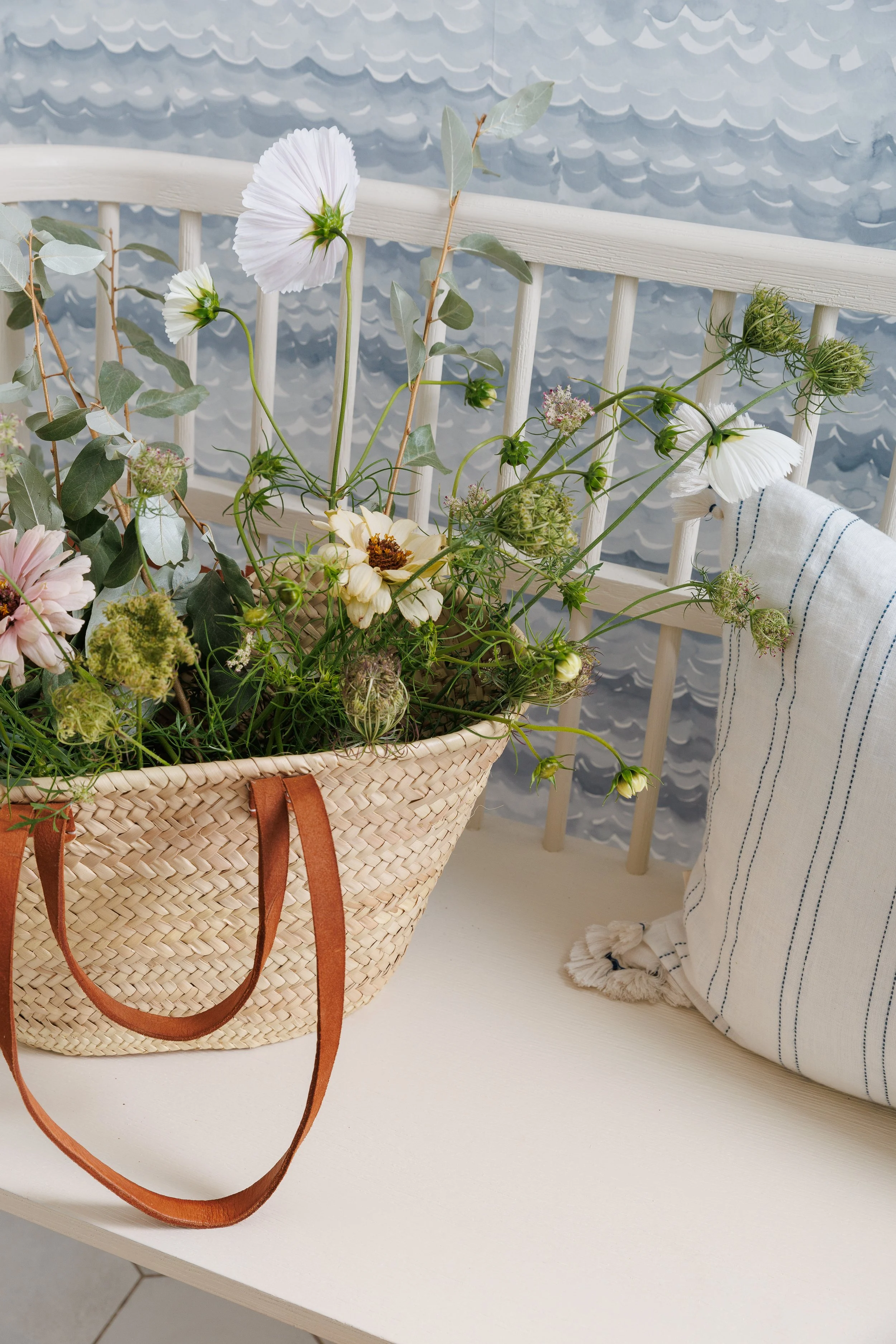 Close-up of basket with white spring flowers.