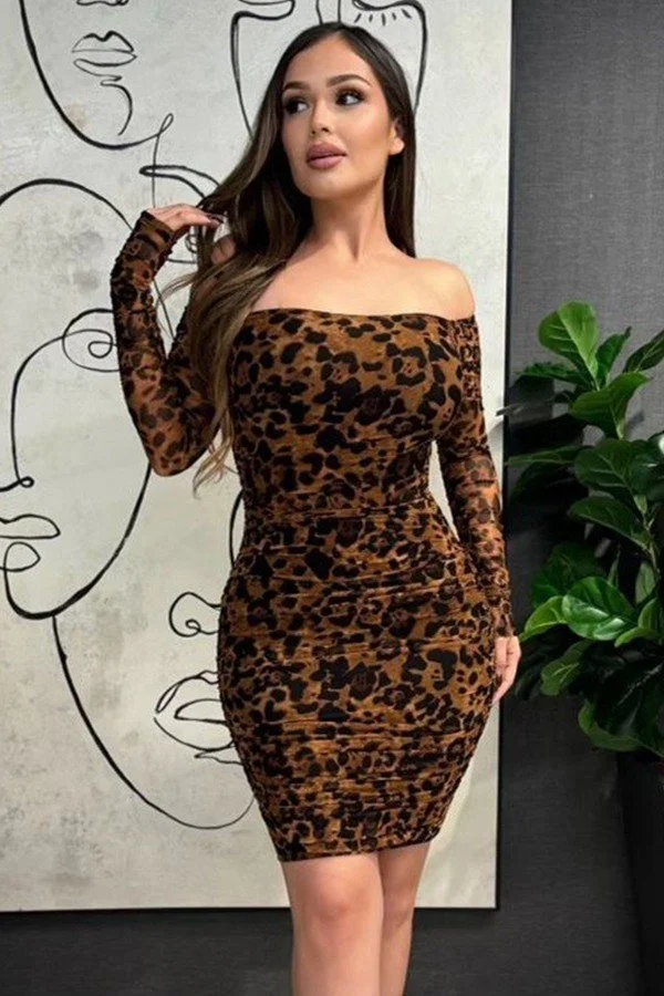 Long Sleeve Lion Print Mesh Dress