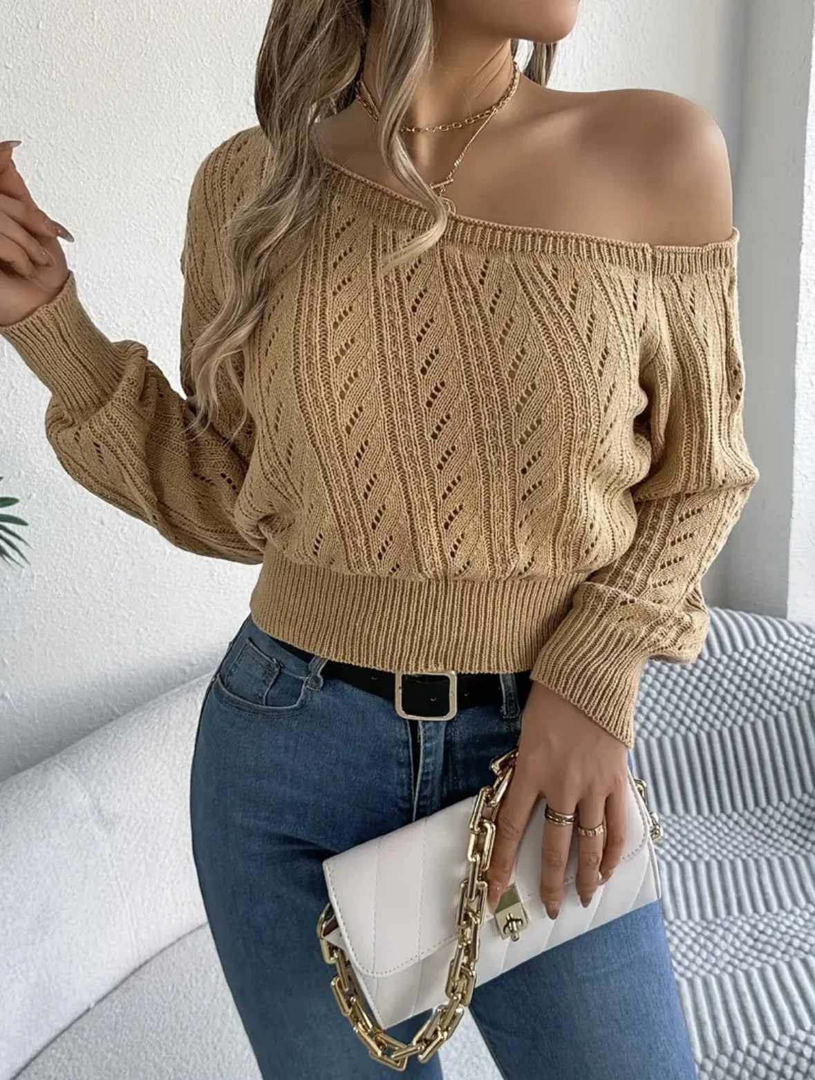 Cozy Off Shoulder Long-sleeve Knitted Sweater