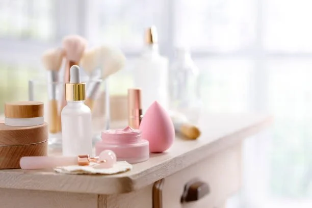 Beauty skincare and makeup products on a light wooden table