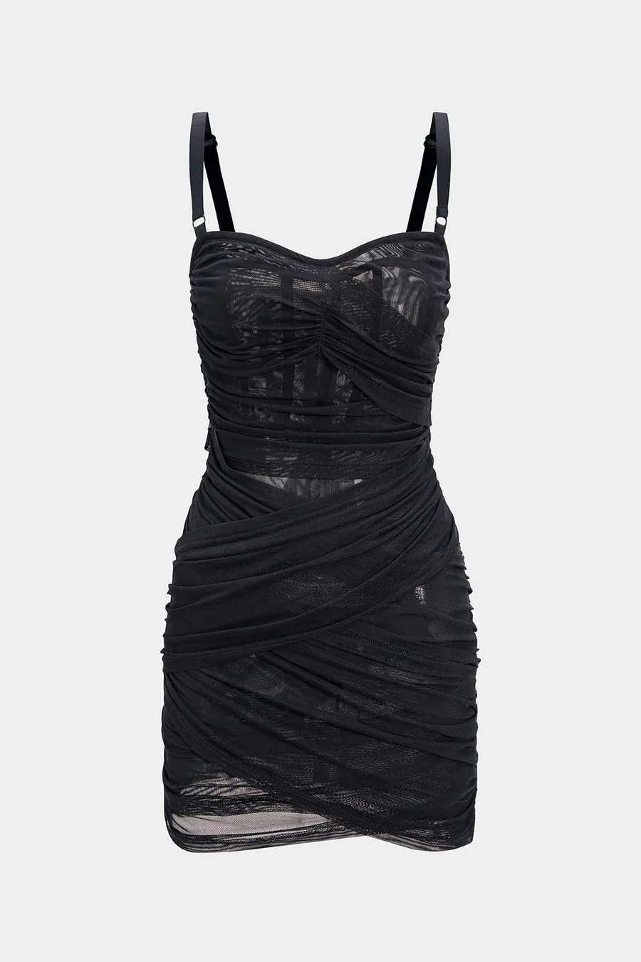 Asymmetrical Ruched Mesh Sleeveless Mini Dress