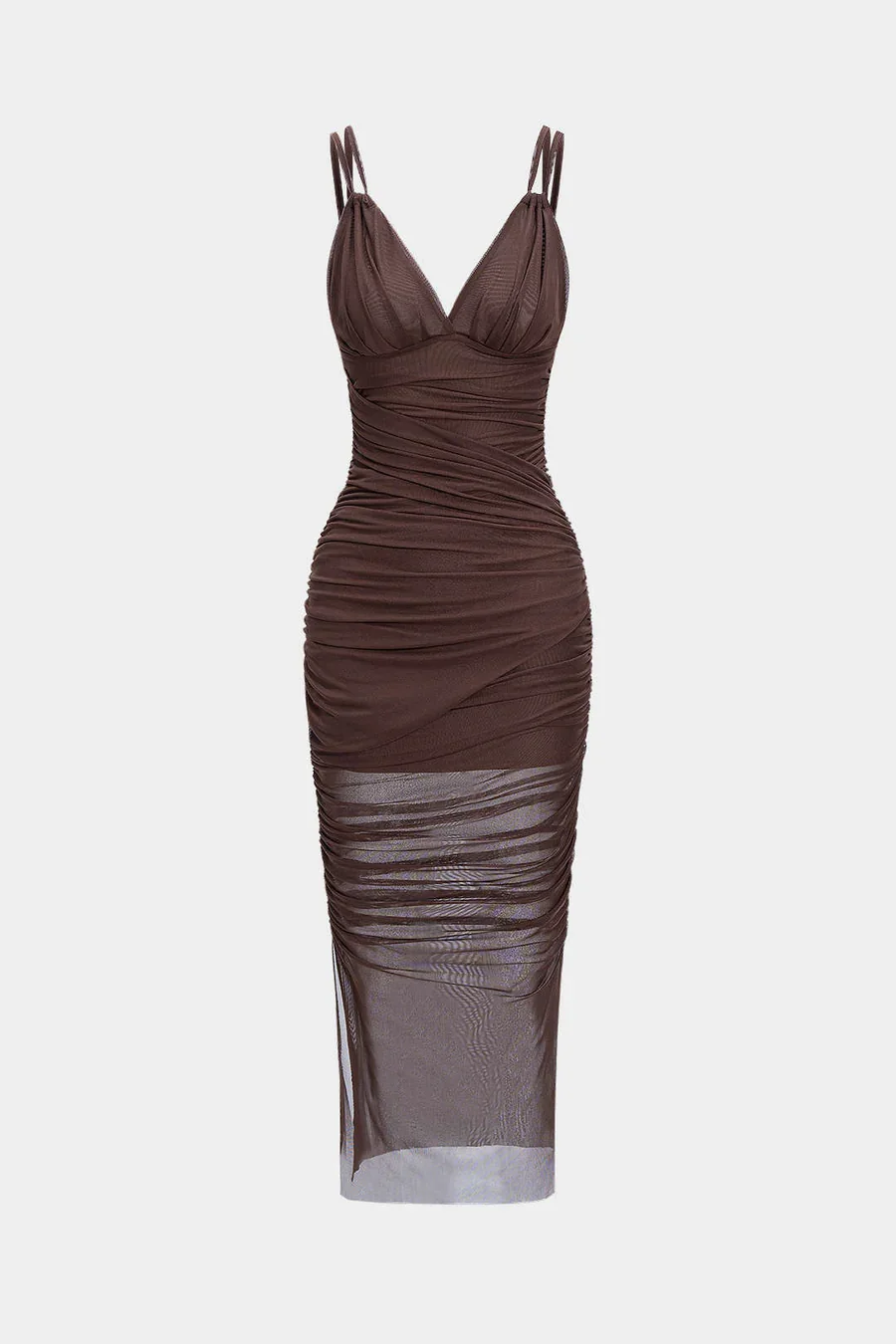 Mesh Ruched Slip V-Neck Sleeveless Midi Dress
