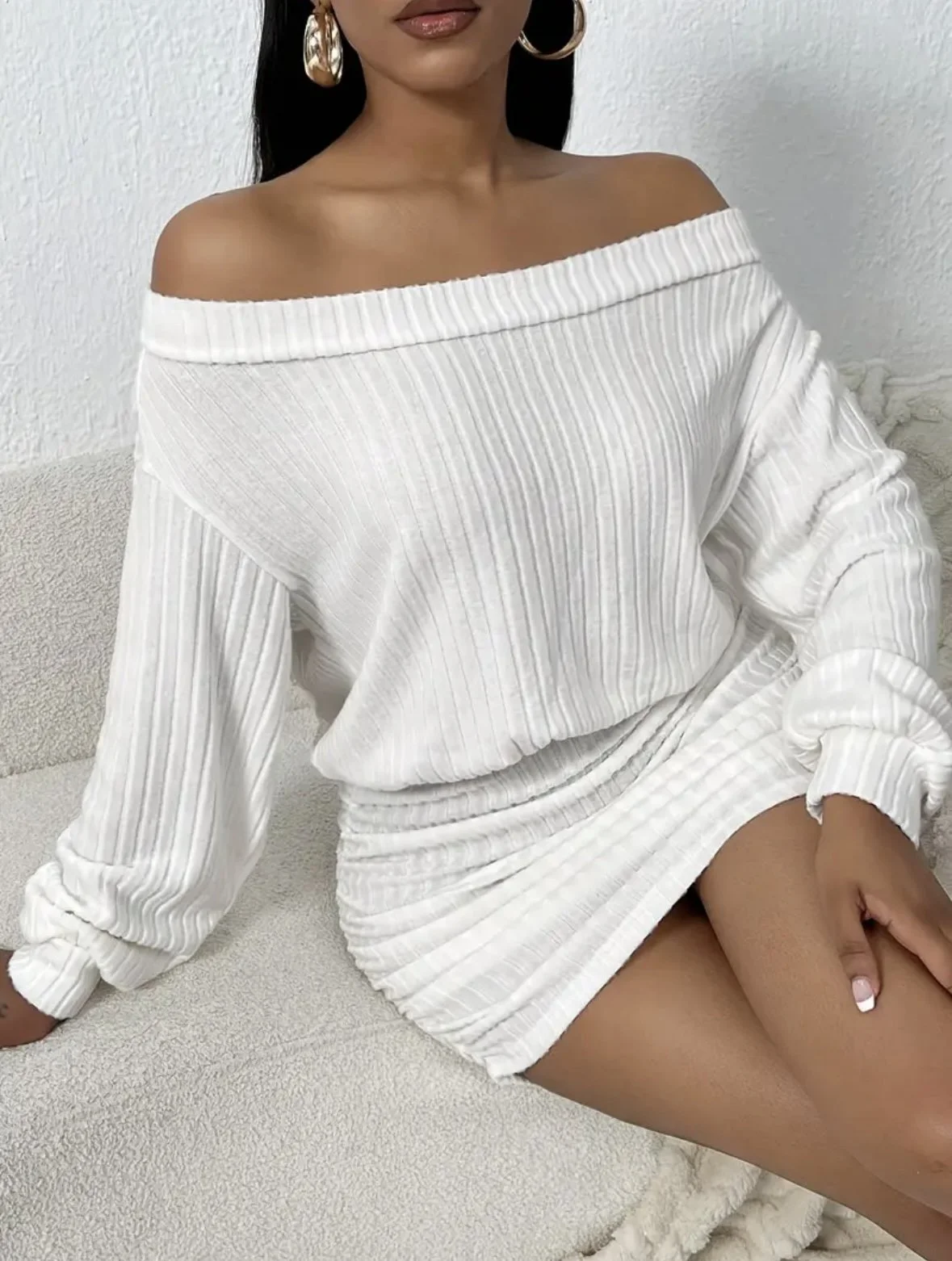 White Striped Off-Shoulder Bodycon Dress