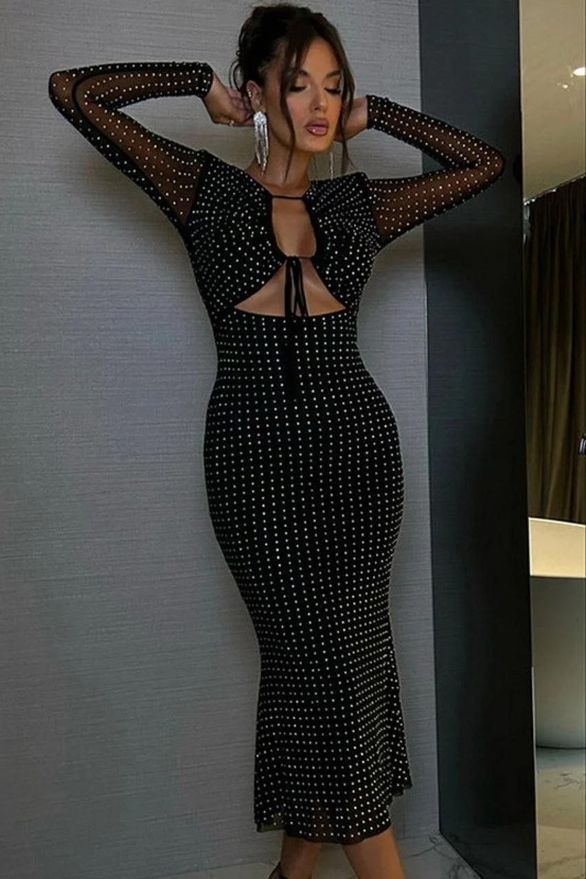 Black Rhinestone Open Front Dress