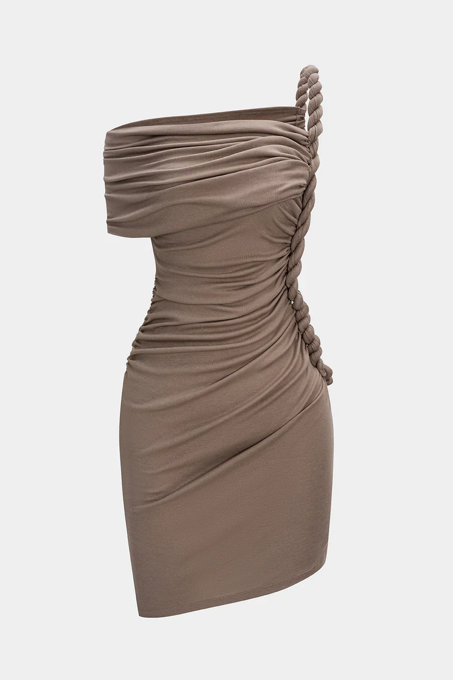 Ruched Twist Knot One Shoulder Short Sleeve Mini Dress