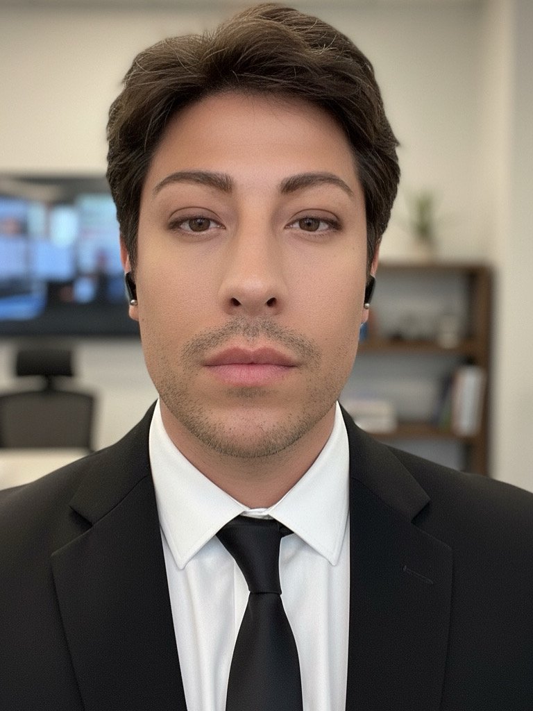 A young man with dark hair, wearing a black suit, white shirt, and black tie, looking directly at the camera in an office setting.