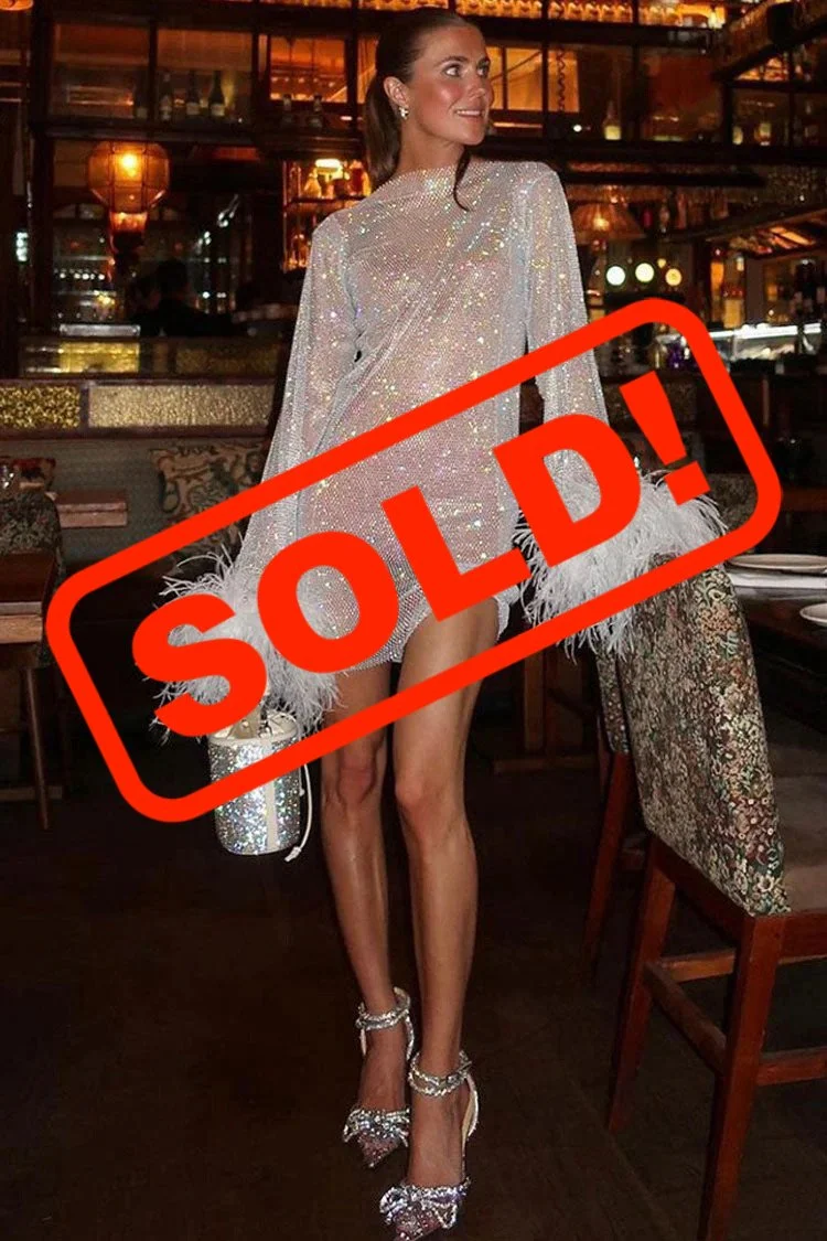 White Sexy Fishnet & Feather Mini Dress