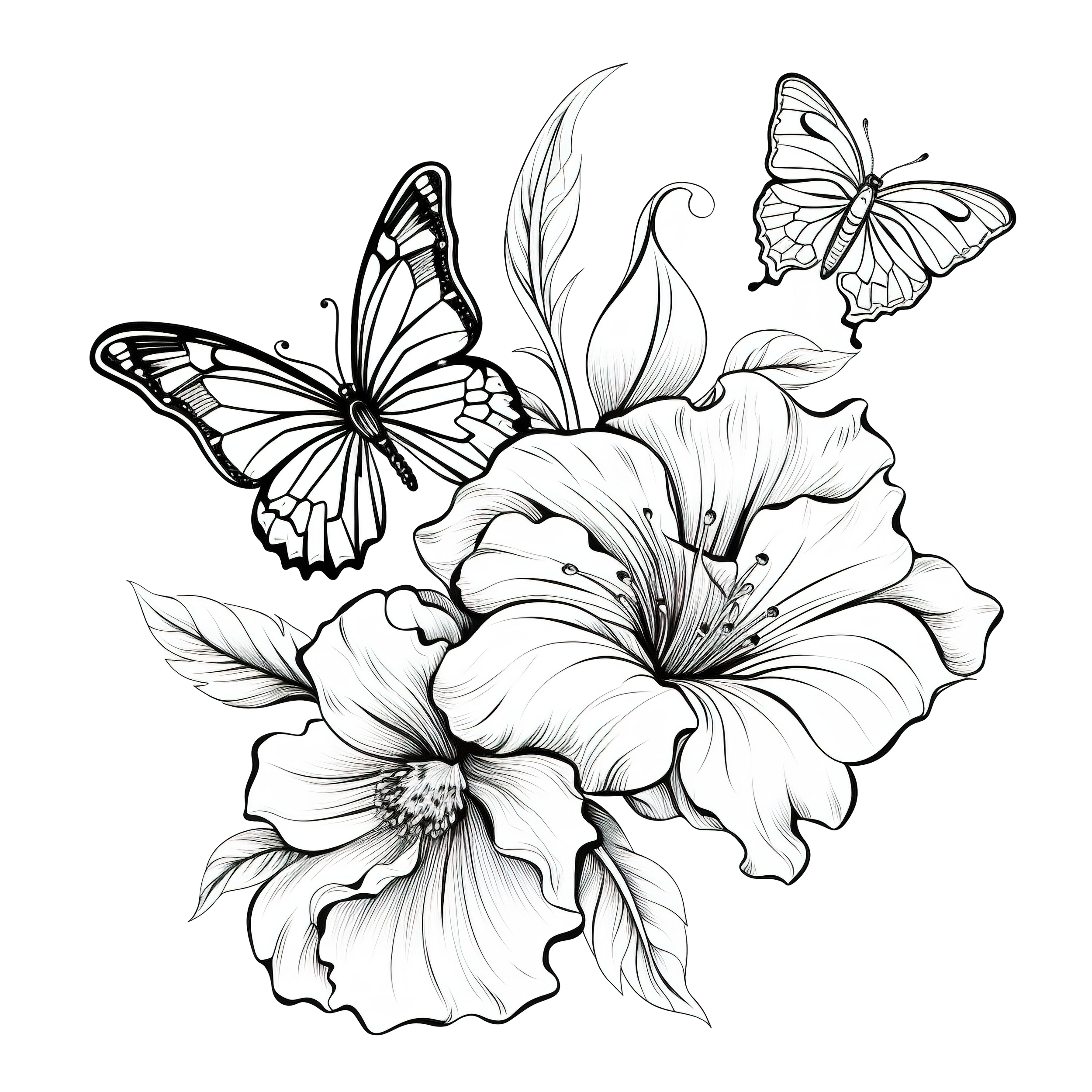 Black and white illustration of large blooming hibiscus flowers with detailed petals, accompanied by butterflies and leaves on a black background.