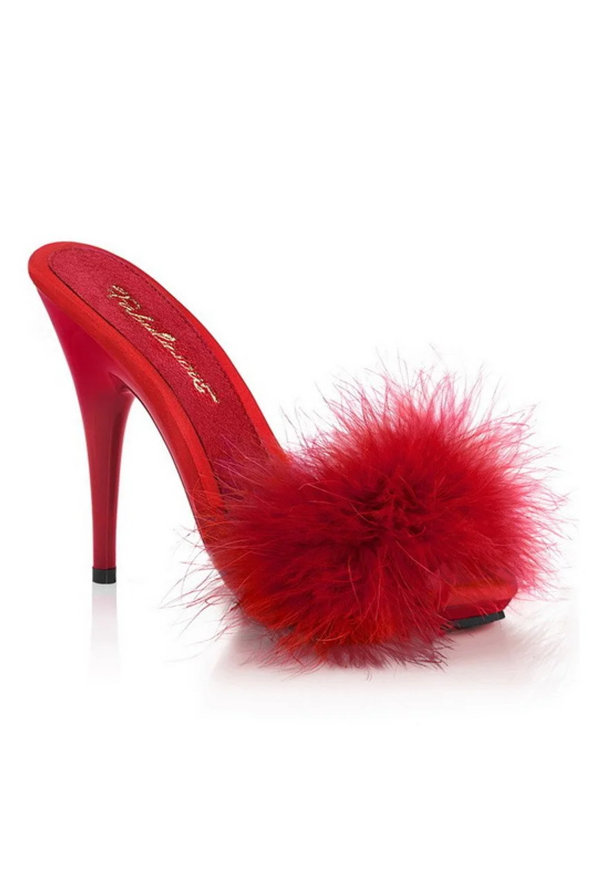 5" Heel Red Satin Marabou Fur Heel
