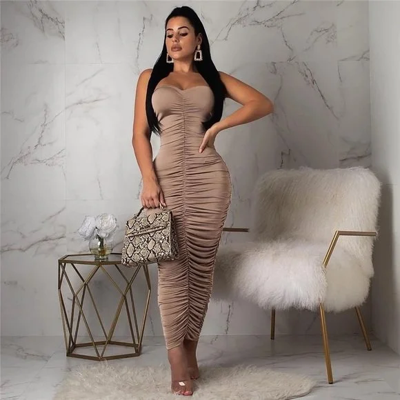 Mauve Ruched Strapless Bodycon Dress