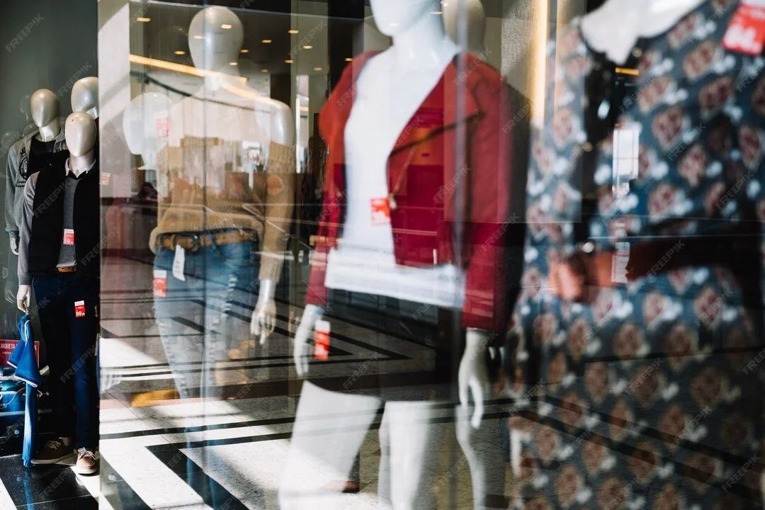 Mannequins displaying casual clothing outfits in a store window, with reflections of the mall interior visible on the glass.