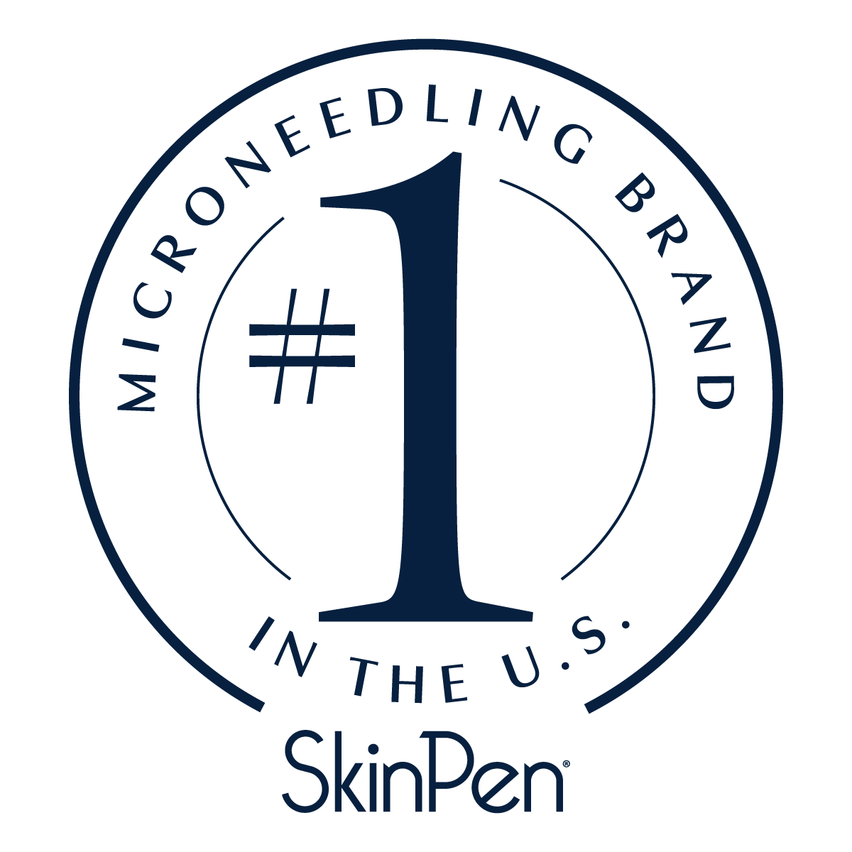 A circular logo with the words 'MicroNeedling Brand in the U.S.' around a large number 1 and a hashtag symbol, with 'SkinPen' written below.