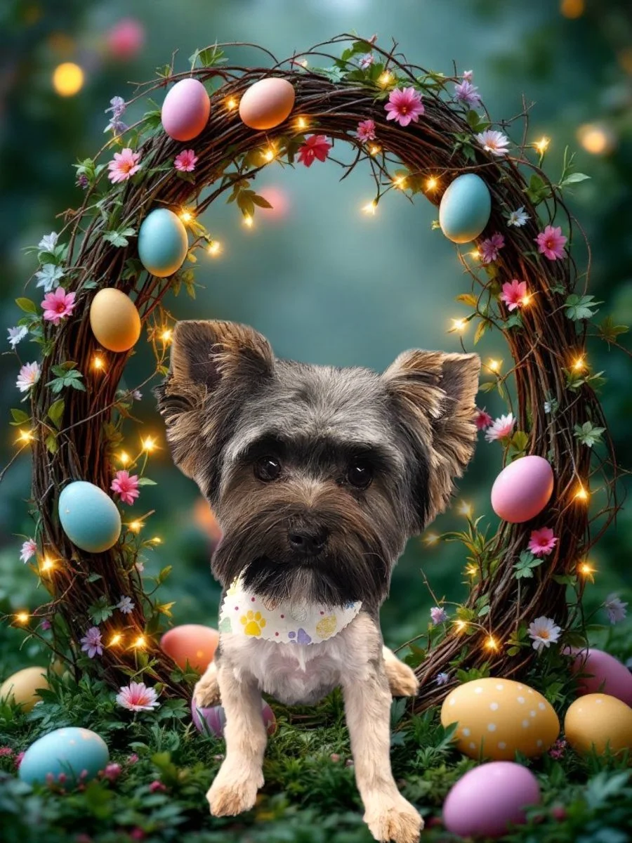Small dog with a floral bandana surrounded by colorful Easter eggs and flowers, sitting in front of a decorative flower wreath with fairy lights on a lush green background.