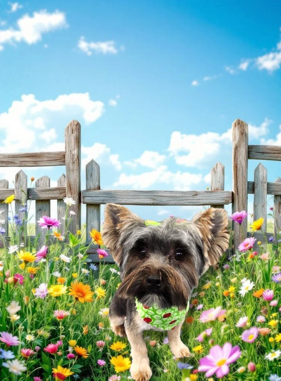A small dog with a green bandana sitting in a colorful flower garden with a wooden fence and blue sky with clouds in the background.