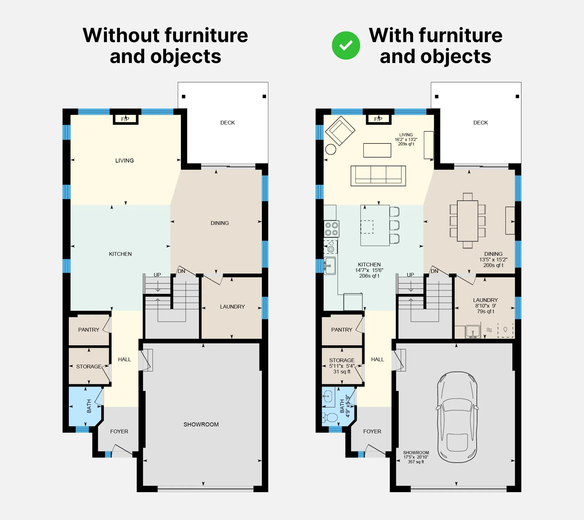 Floor plan comparing a house without furniture and objects on the left to the same house fully furnished on the right, showing living room, kitchen, dining area, laundry, pantry, storage, hall, foyer, bath, and showrooms, with marked measurements and