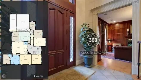 Floor plan of a house showing various rooms and a view of the home's entrance with a potted plant in the foyer, leading to a living room with wooden cabinets and furniture.