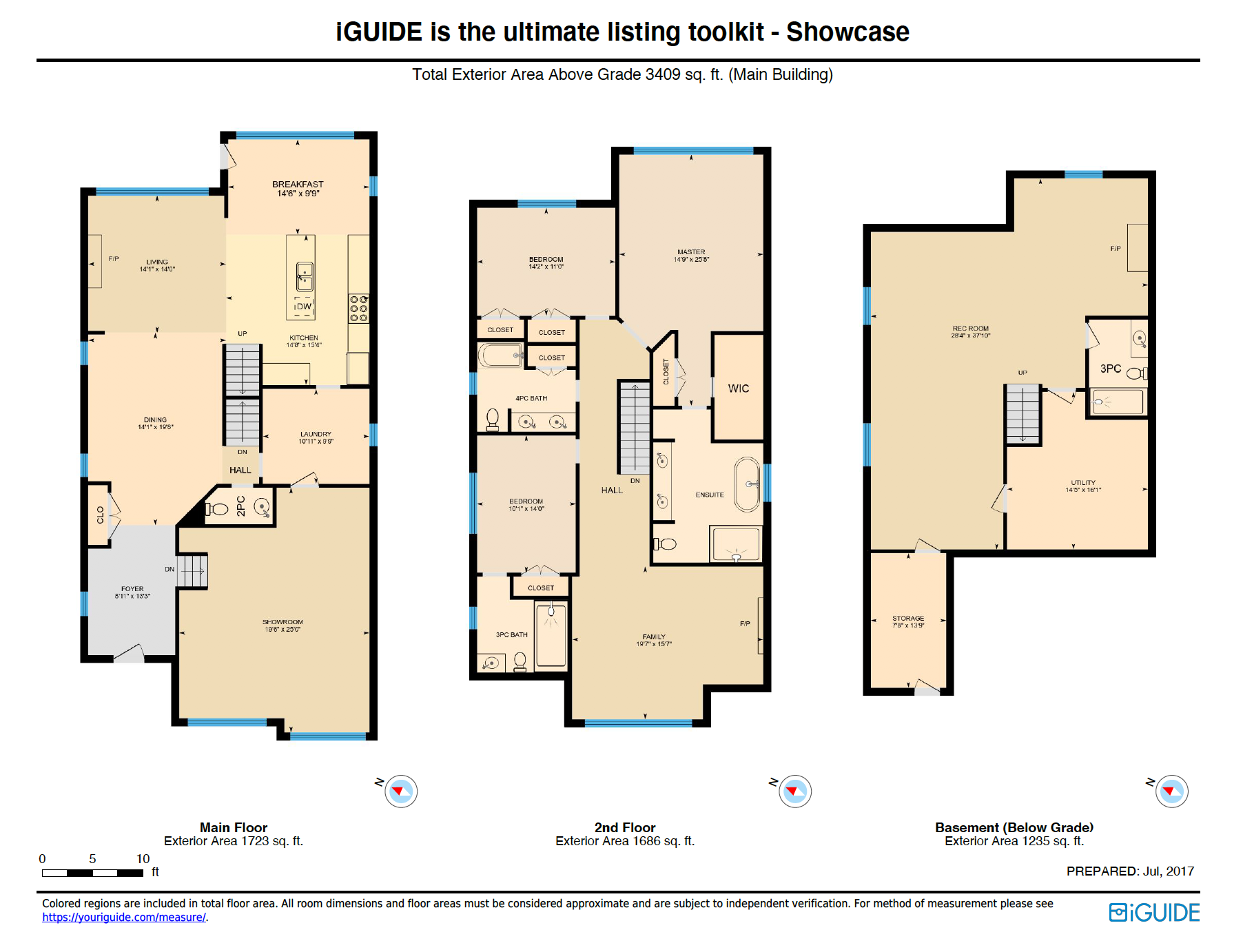 Floor plan showcasing three levels of a house: main floor, second floor, and basement. Main floor includes a foyer, show room, dining, living, breakfast, kitchen, laundry, hall, and a half bath. Second floor features bedrooms, closets, bathrooms, a f