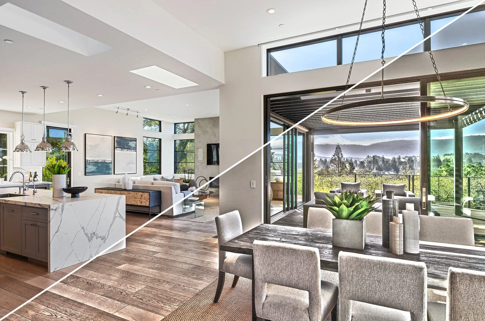 Modern open-concept living room and dining area with large windows, wooden floors, and a view of green hills outside.