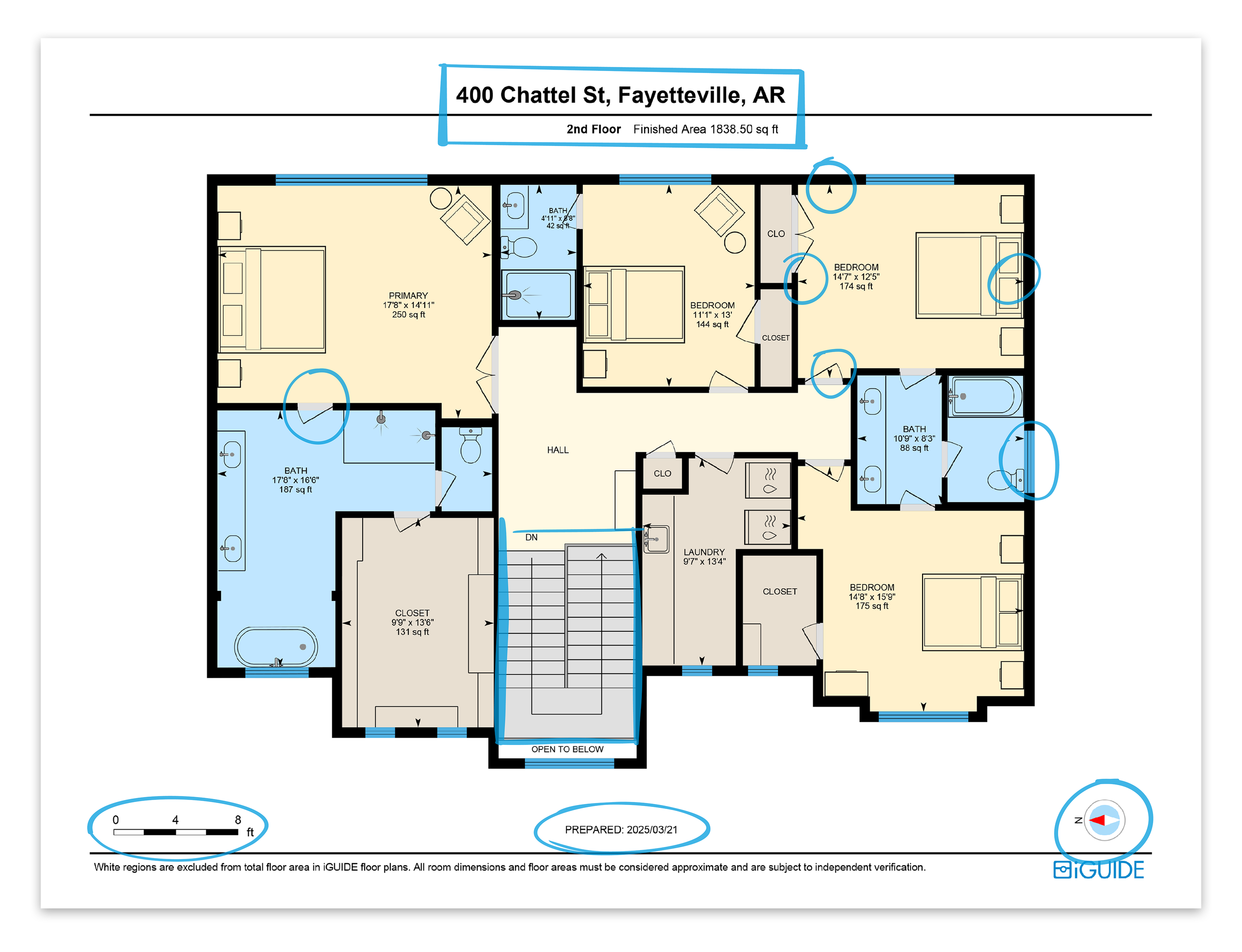 Floor plan of a residential house showing bedrooms, bathrooms, laundry room, hall, staircases, and closets. The house is located at 400 Chattail St, Fayetteville, AR, with detailed room dimensions and areas marked.