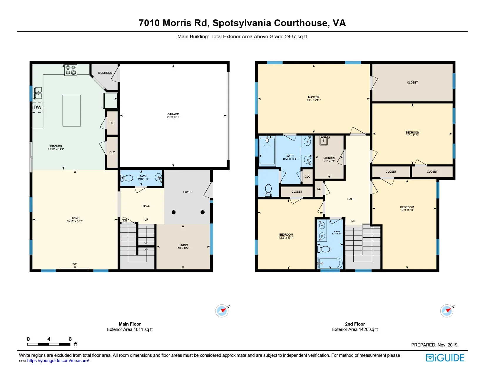 Floor plan of a two-story house at 7010 Morris Rd, Spotsylvania Courthouse, VA, showing the layout of rooms including the kitchen, living room, dining room, bathrooms, multiple bedrooms, closets, laundry room, and garage.