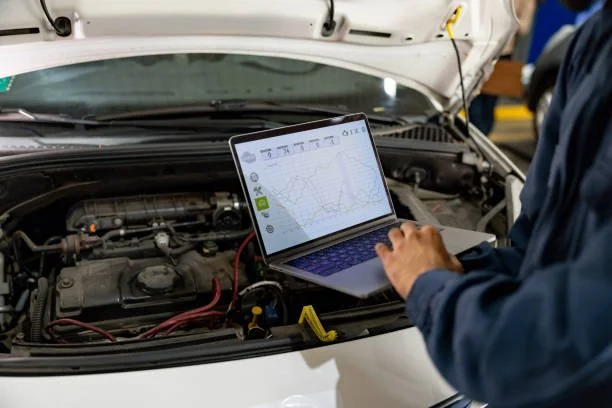 A mechanic inspecting a car engine using a laptop with diagnostic software in an auto repair shop.