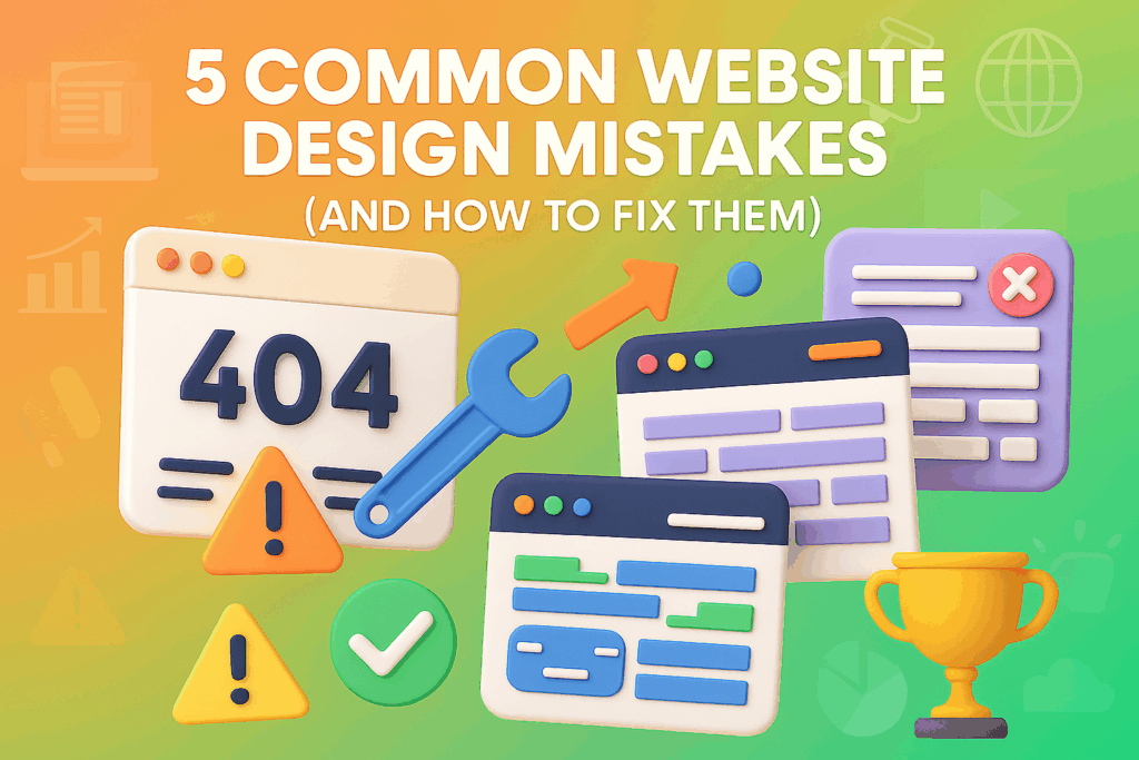 Colorful digital illustration highlighting five common website design mistakes and how to fix them, featuring icons of error messages, a wrench, check marks, page layouts, and a trophy.