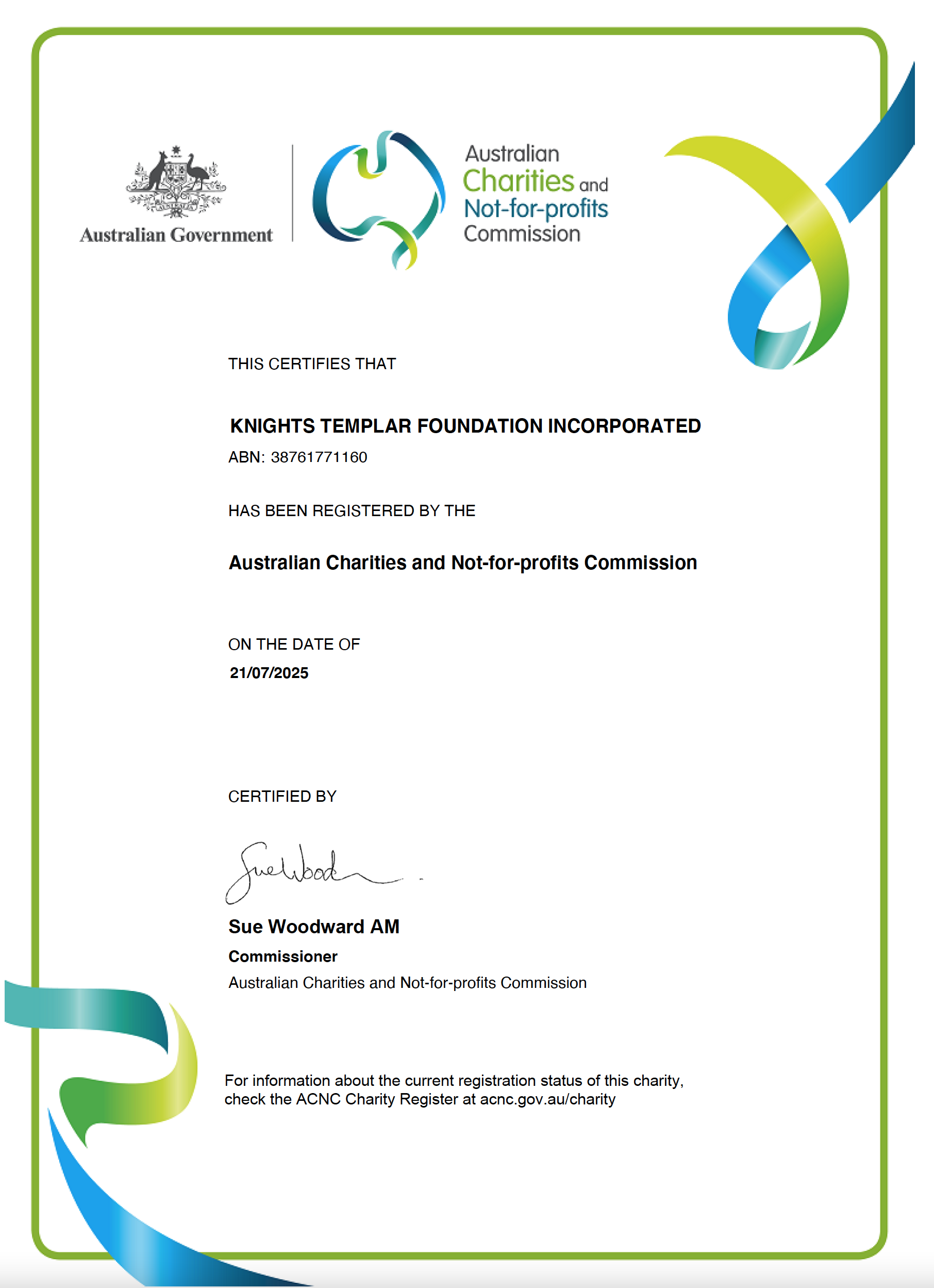 Charities and Not-for-profits Commission certificate with logos, signatures, and details of Knights Templar Foundation Incorporated, registered by the Australian Charities and Not-for-profits Commission, dated 21/07/2025.
