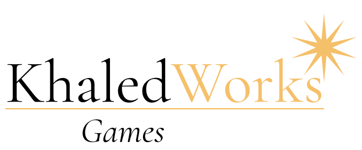 Khaled Works Games logo with a starburst symbol in gold color.