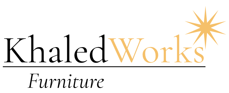 Logo for Khaled Works Furniture with black and orange text and a starburst graphic.
