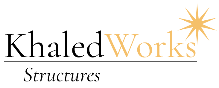 Logo with the text "Khaled Works Structures" and a starburst symbol in gold color.