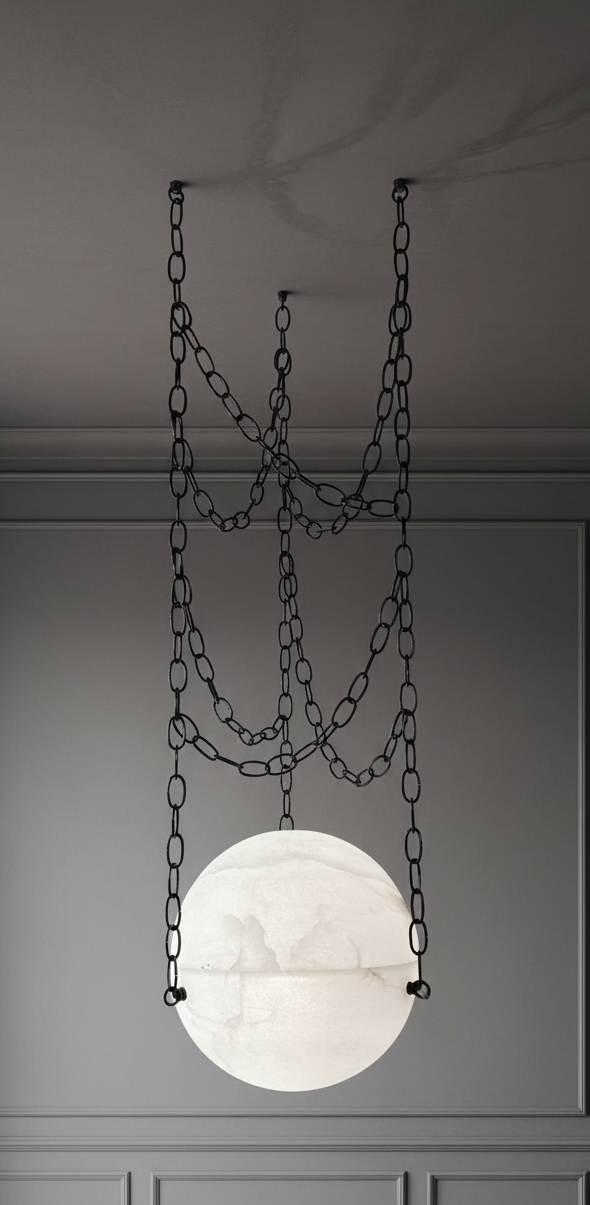 Orgeval chandelier in genuine alabaster with hand-assembled metal chain suspension by Maison Paname