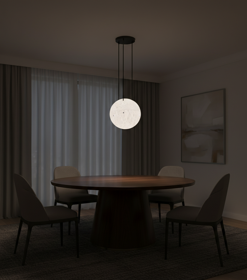 Lalune chandelier in a modern neutral dining space. The genuine alabaster globe provides soft, diffused illumination suited for contemporary luxury residences.