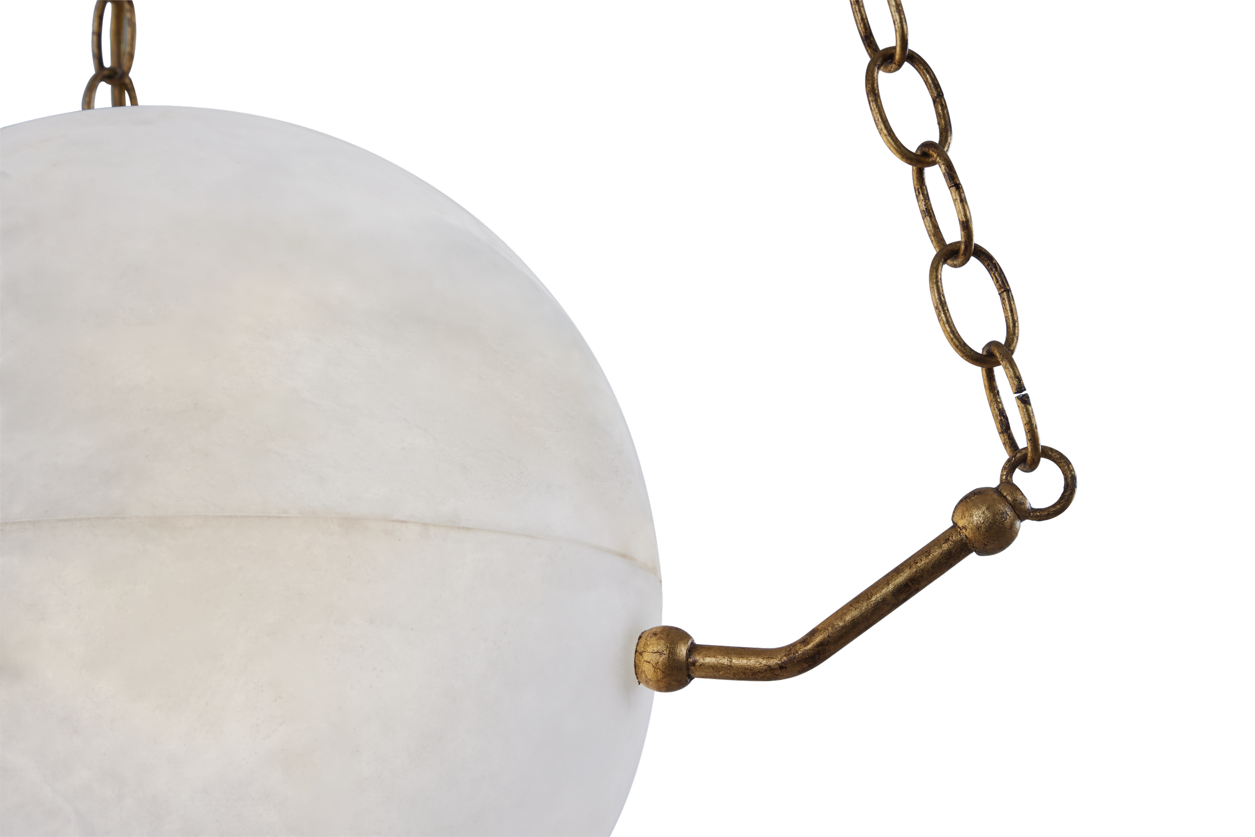 Detail of the Atlas 300 chandelier highlighting natural alabaster stone with organic veining and hand-finished antique brass hardware. Custom luxury lighting crafted for interior designers and high-end residential projects.