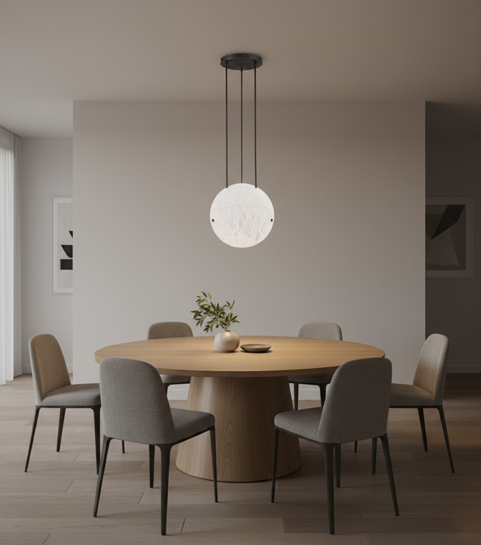 Lalune alabaster pendant illuminating a moody bar interior. Warm LED lighting enhances the natural stone veining, ideal for luxury hospitality and atmospheric interiors.