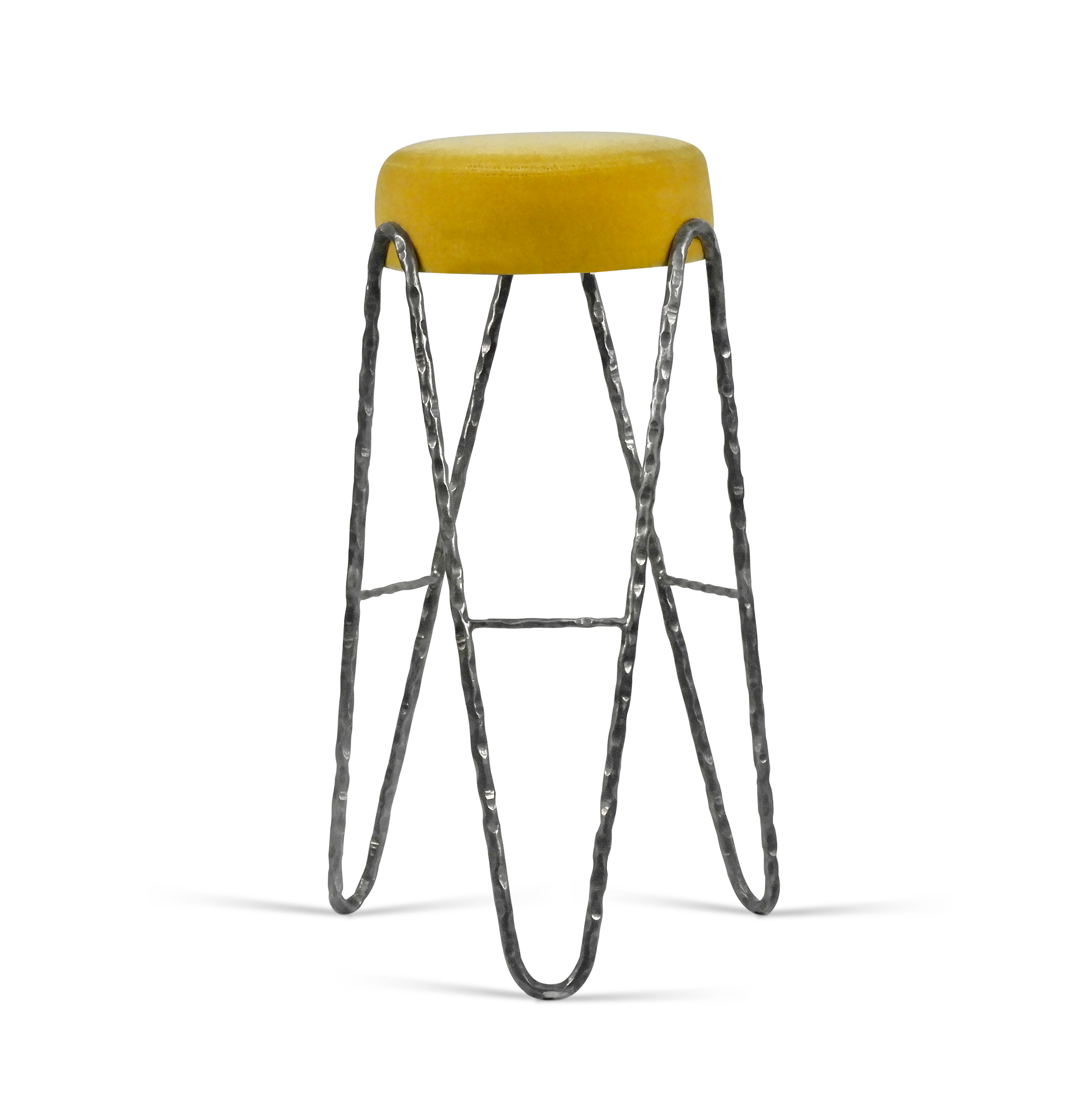 Aranea forged steel bar stool with upholstered cushion seat. Hand-hammered metal frame with sculptural looped legs, designed for luxury residential and hospitality interiors.