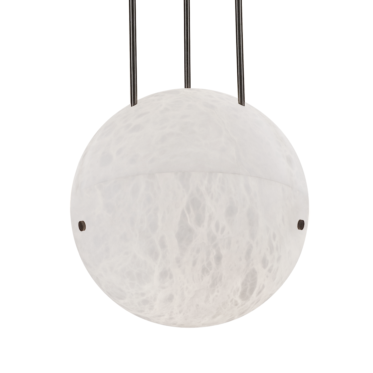 Close-up of Lalune 300 chandelier in genuine alabaster with solid brass hardware. A minimalist luxury pendant featuring a 12-inch alabaster globe and adjustable drop, designed for high-end residential and hospitality interiors.