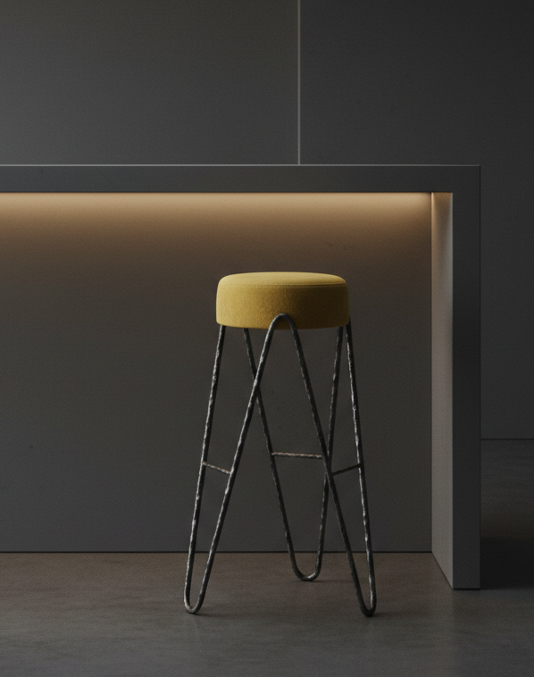 Aranea stool positioned against a warm backlit wall, highlighting the silhouette of the hand-forged steel frame and refined proportions for designer interiors.