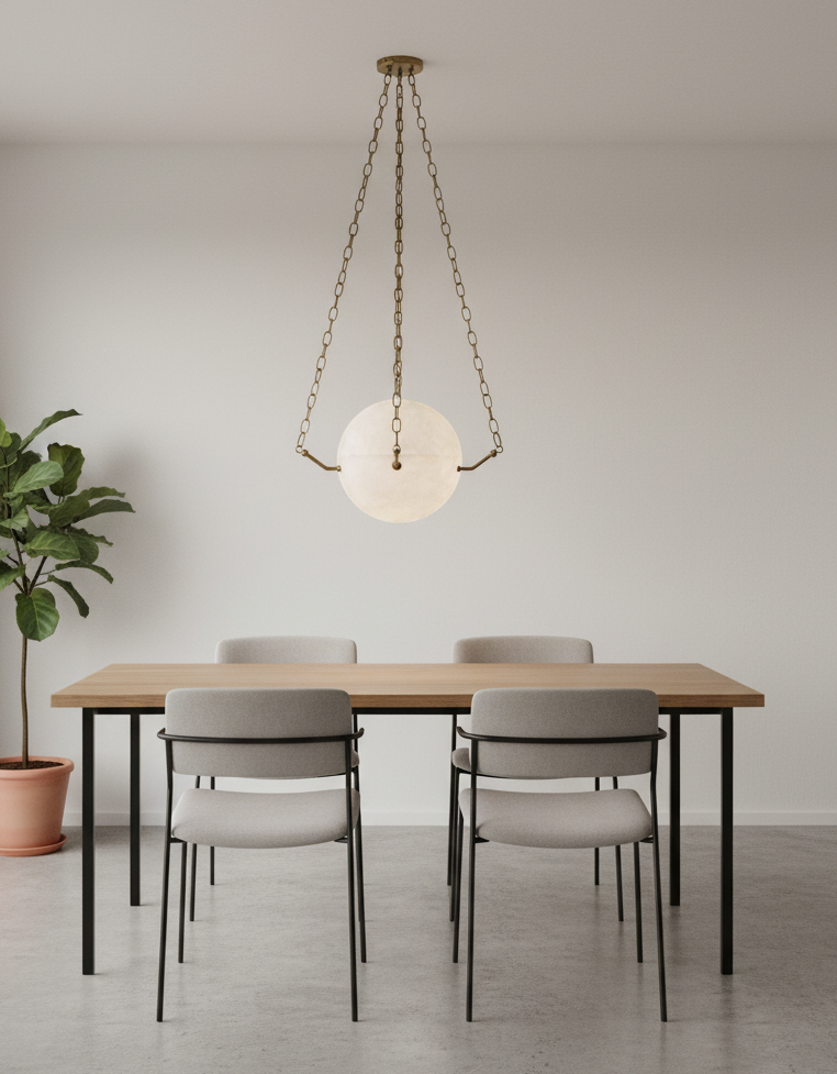 Atlas 300 chandelier in a contemporary dining room setting featuring white alabaster and brass suspension. Minimalist luxury lighting for interior designers seeking refined, custom statement pendants for residential interiors.