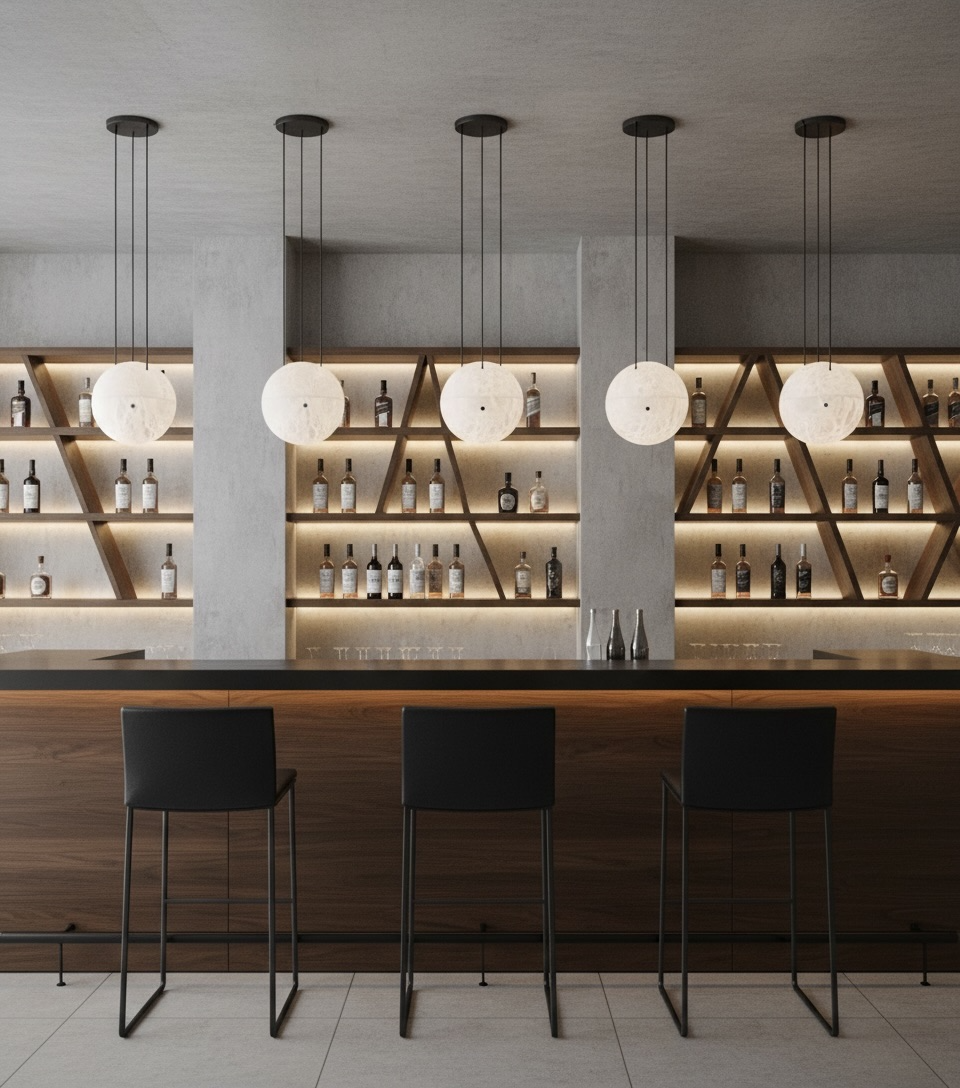 Lalune alabaster chandelier installed above a luxury bar. The sculptural stone globe emits warm ambient light, ideal for upscale hospitality design and boutique restaurant interiors.